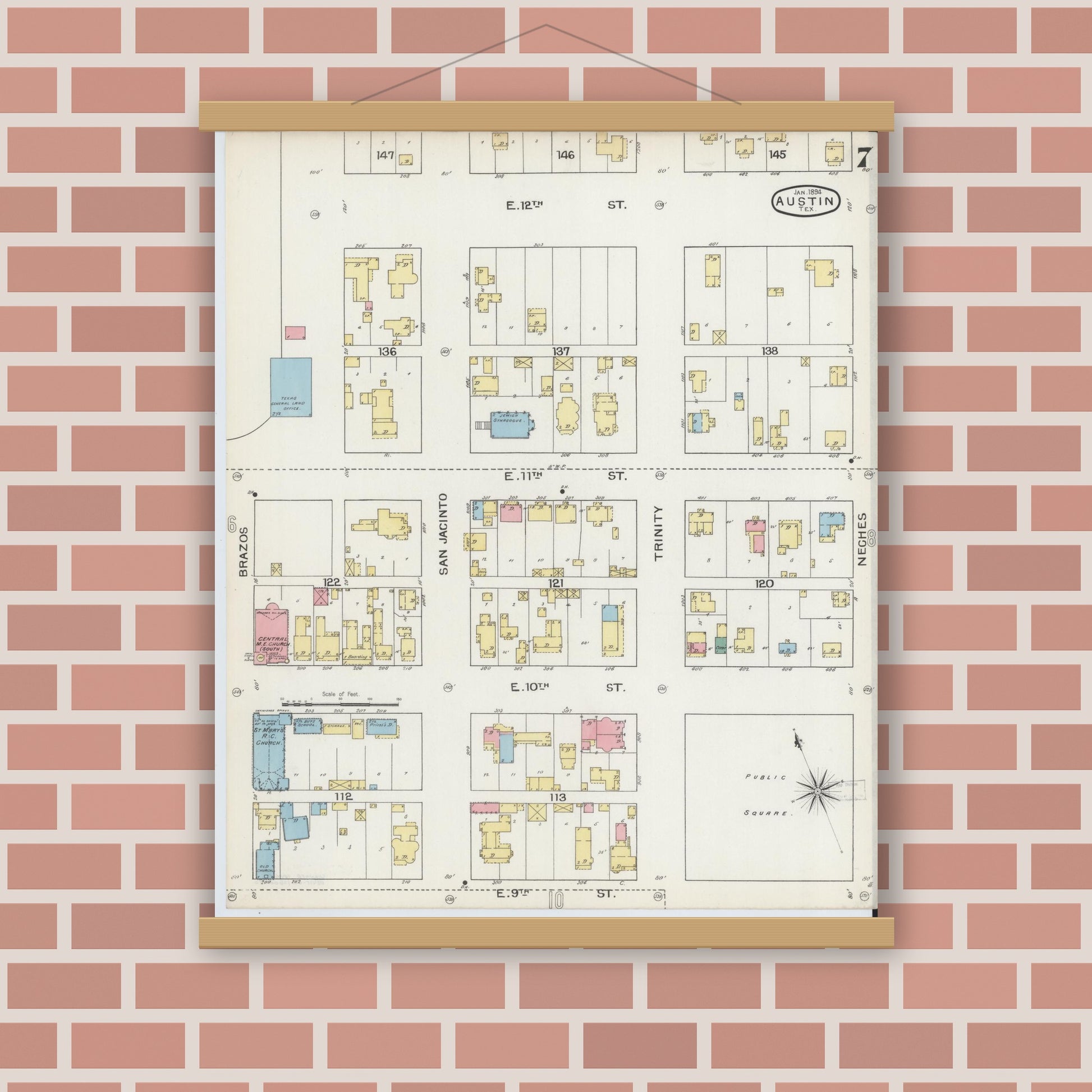 Old map wall art mockup — magnetic wood frame on brick wall — Sanborn Fire Insurance Map from Austin, Travis County, Texas (1894), Sheet #0007