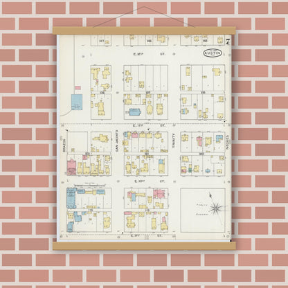Old map wall art mockup — magnetic wood frame on brick wall — Sanborn Fire Insurance Map from Austin, Travis County, Texas (1894), Sheet #0007
