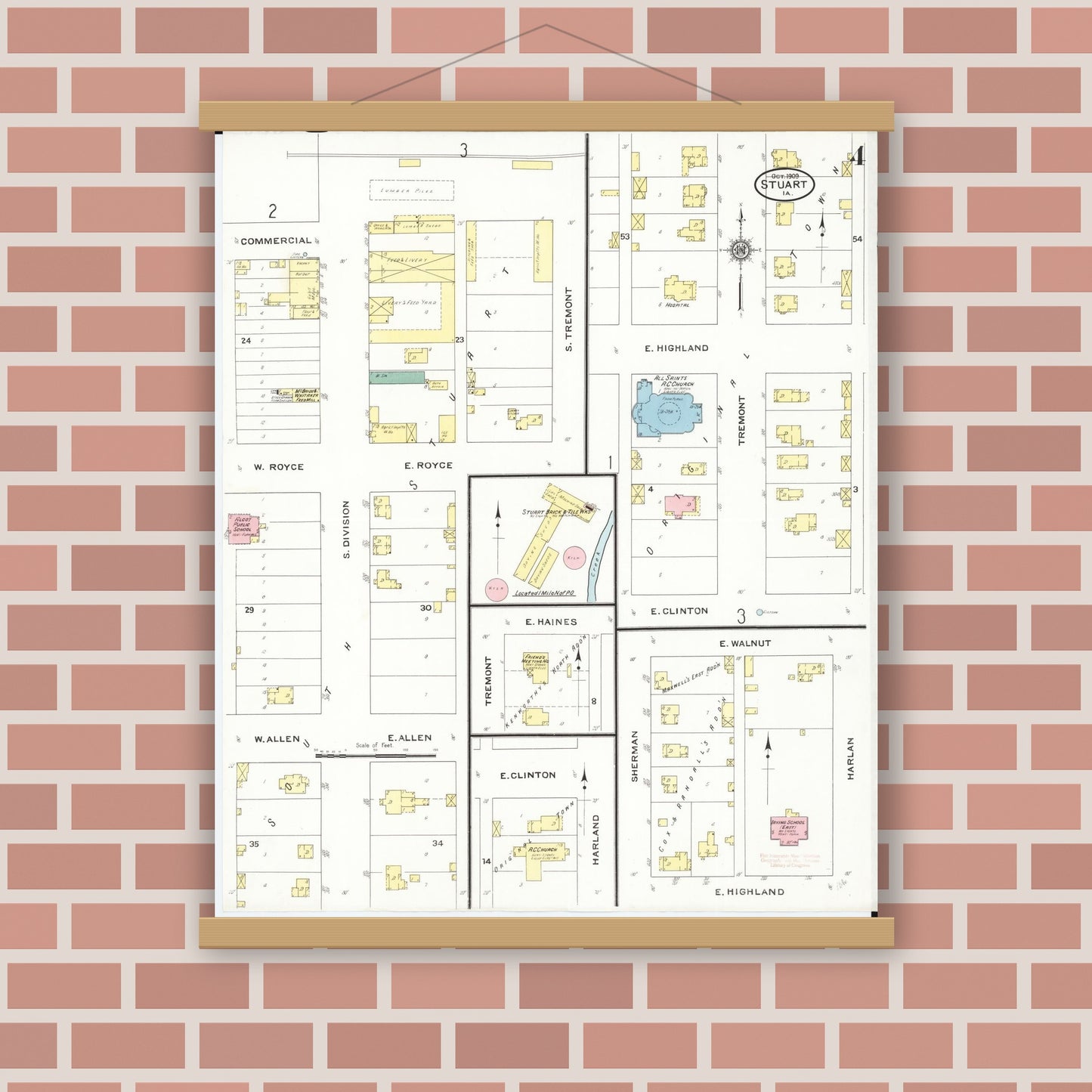 Old map wall art mockup — magnetic wood frame on brick wall — Sanborn Fire Insurance Map from Stuart, Guthrie and Adair Counties, Iowa (1909), Sheet #0004