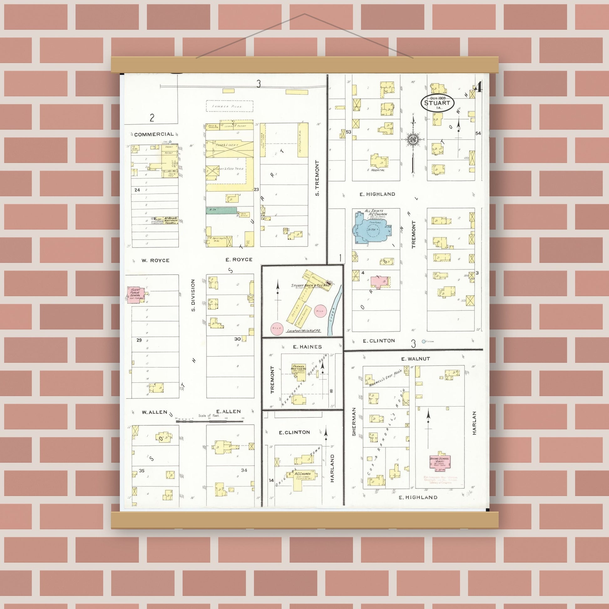 Old map wall art mockup — magnetic wood frame on brick wall — Sanborn Fire Insurance Map from Stuart, Guthrie and Adair Counties, Iowa (1909), Sheet #0004