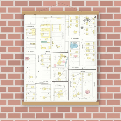 Old map wall art mockup — magnetic wood frame on brick wall — Sanborn Fire Insurance Map from Stuart, Guthrie and Adair Counties, Iowa (1909), Sheet #0004