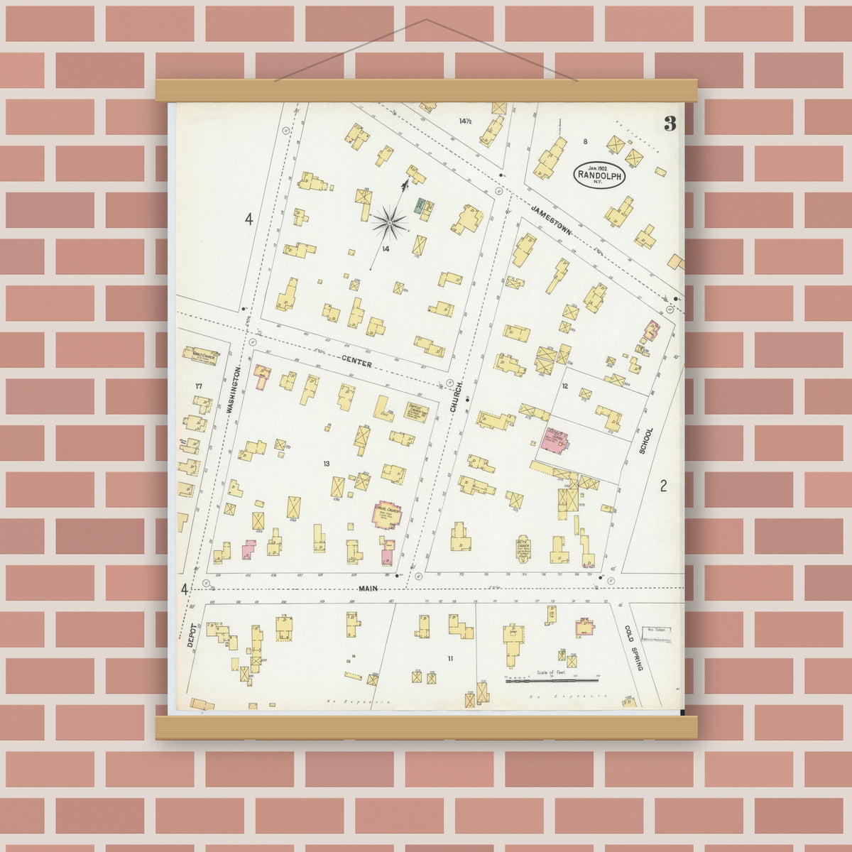 Old map wall art mockup — magnetic wood frame on brick wall — Sanborn Fire Insurance Map from Randolph, Cattaraugus County, New York (1902), Sheet #0003
