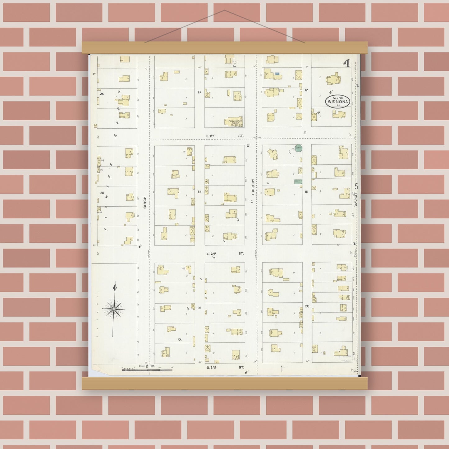 Old map wall art mockup — magnetic wood frame on brick wall — Sanborn Fire Insurance Map from Wenona, Marshall County, Illinois (1906), Sheet #0004