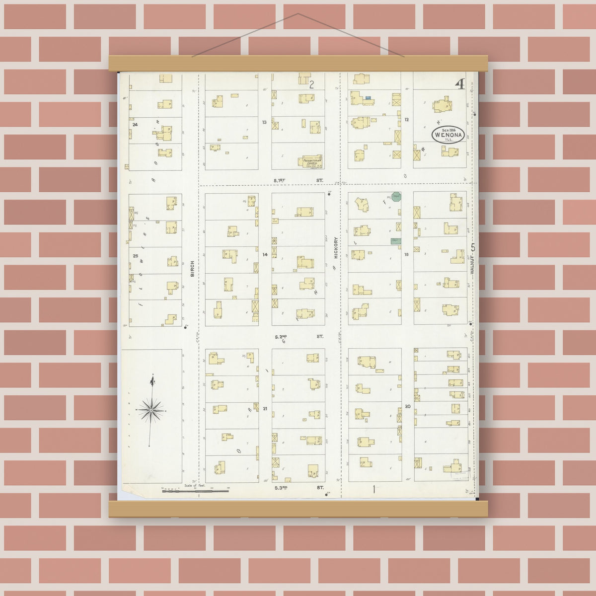 Old map wall art mockup — magnetic wood frame on brick wall — Sanborn Fire Insurance Map from Wenona, Marshall County, Illinois (1906), Sheet #0004