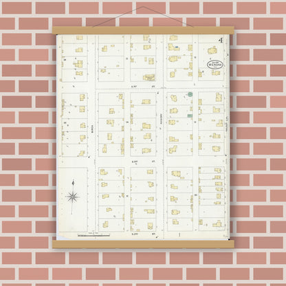 Old map wall art mockup — magnetic wood frame on brick wall — Sanborn Fire Insurance Map from Wenona, Marshall County, Illinois (1906), Sheet #0004