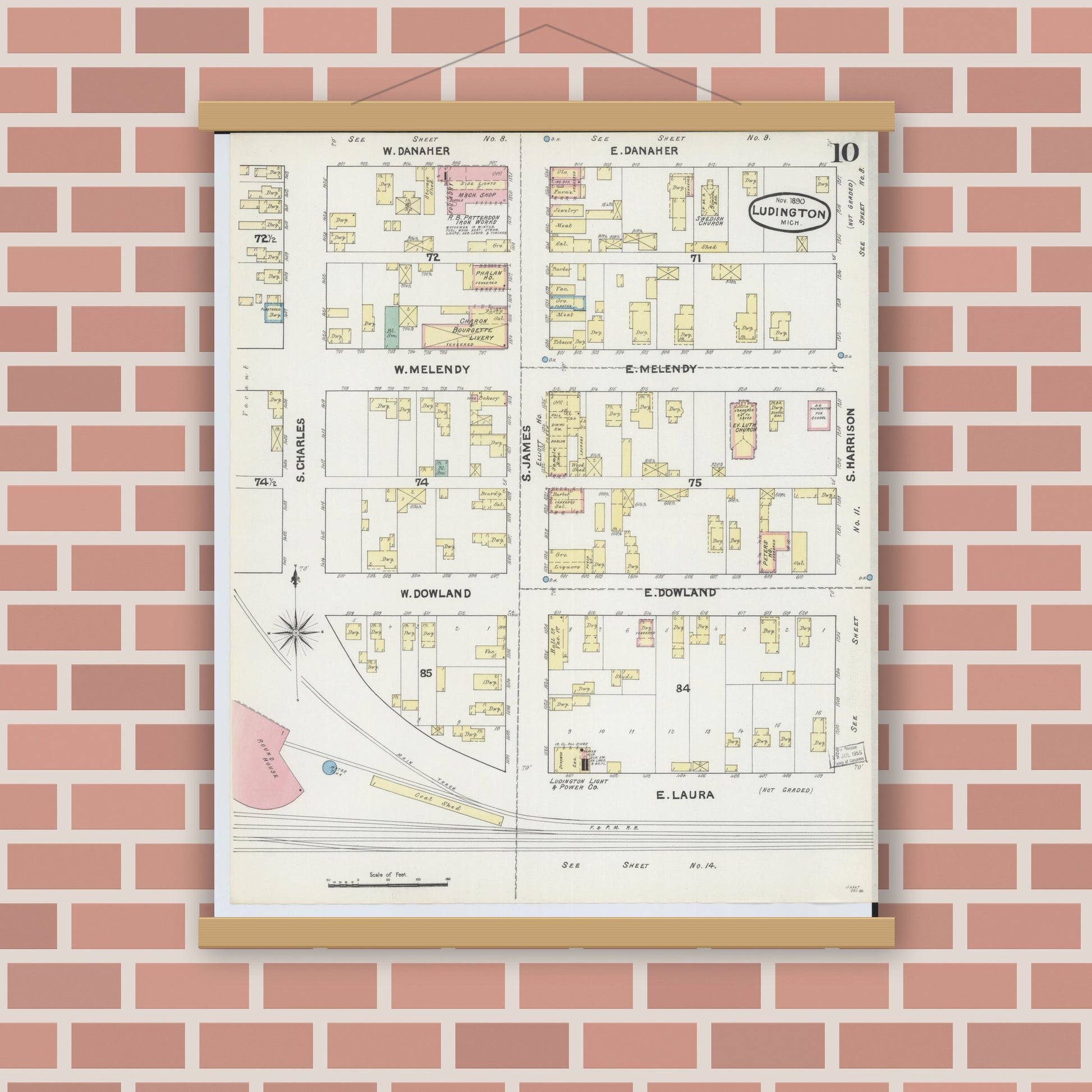 Old map wall art mockup — magnetic wood frame on brick wall — Sanborn Fire Insurance Map from Ludington, Mason County, Michigan (1890), Sheet #0010