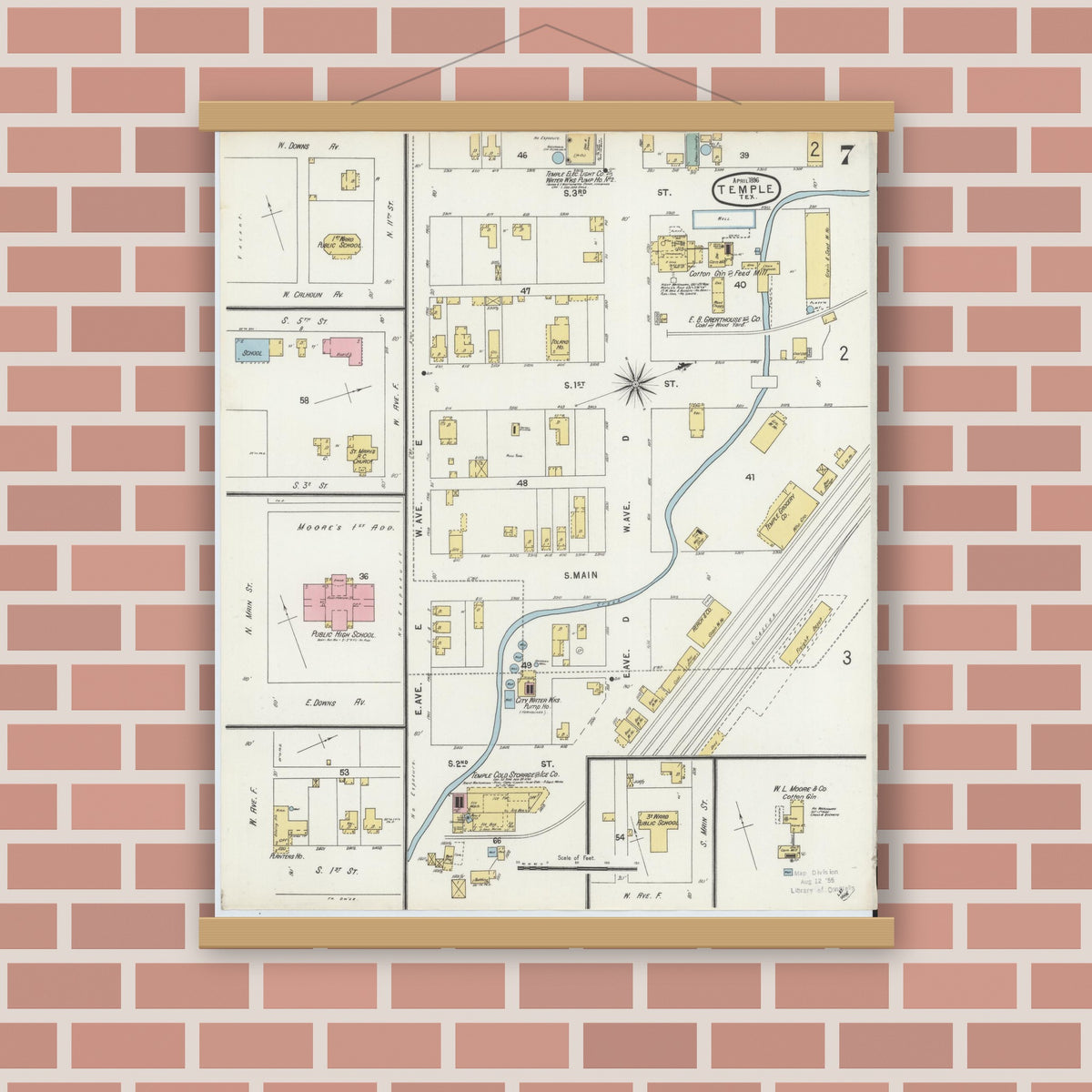 Old map wall art mockup — magnetic wood frame on brick wall — Sanborn Fire Insurance Map from Temple, Bell County, Texas (1896), Sheet #0007