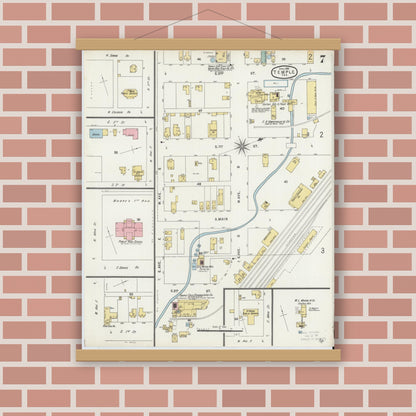 Old map wall art mockup — magnetic wood frame on brick wall — Sanborn Fire Insurance Map from Temple, Bell County, Texas (1896), Sheet #0007