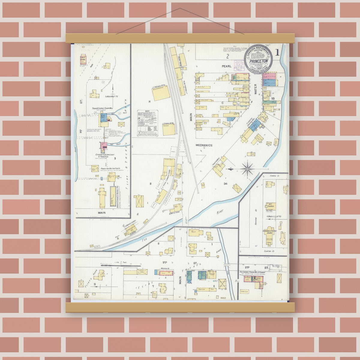 Old map wall art mockup — magnetic wood frame on brick wall — Sanborn Fire Insurance Map from Princeton, Green Lake County, Wisconsin (1904) - Complete Map Set