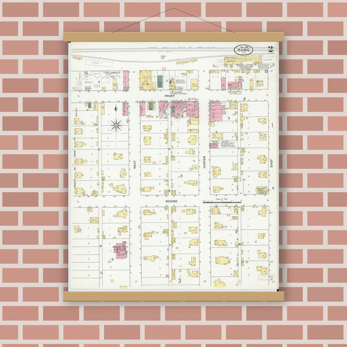 Old map wall art mockup — magnetic wood frame on brick wall — Sanborn Fire Insurance Map from Hume, Edgar County, Illinois (1909), Sheet #0002