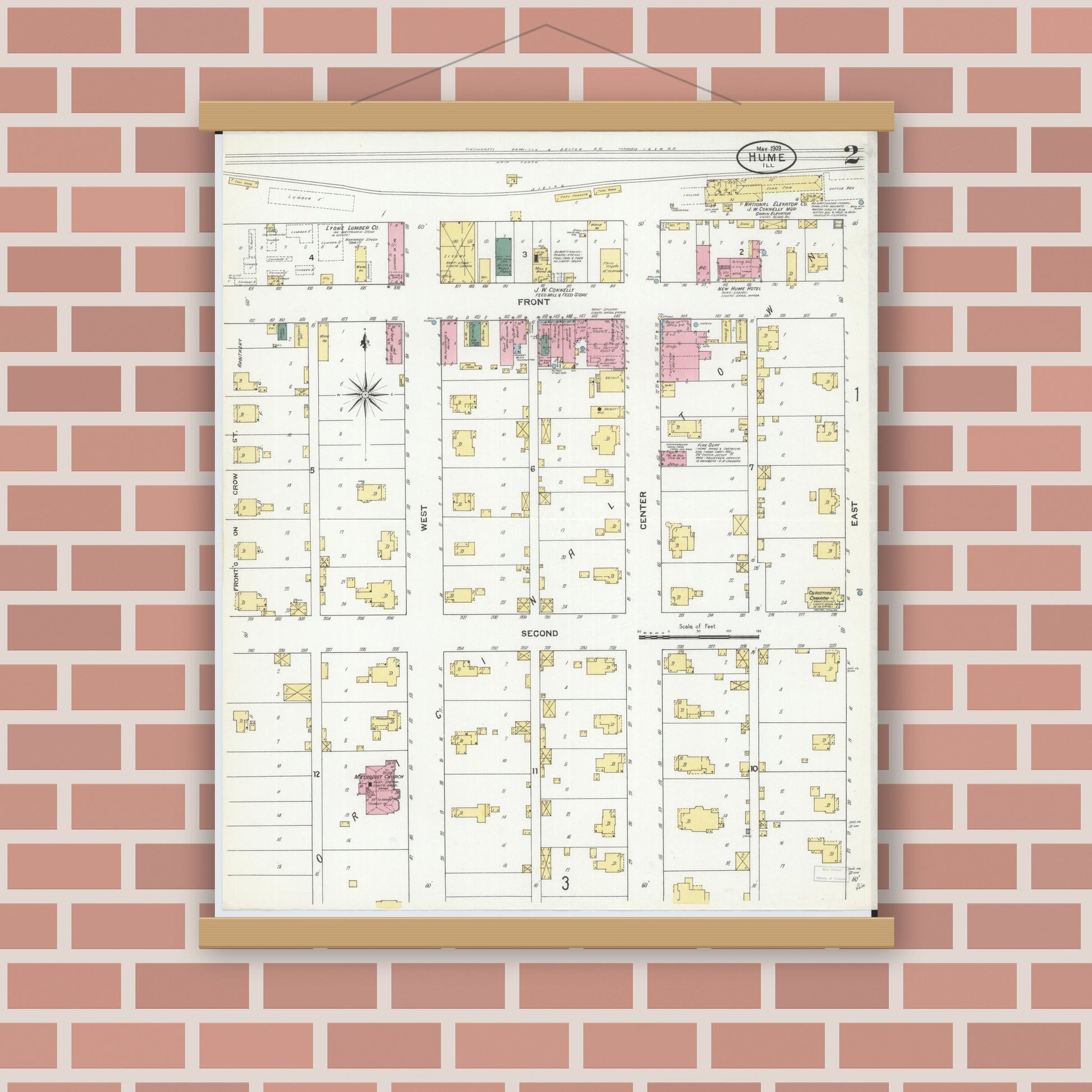 Old map wall art mockup — magnetic wood frame on brick wall — Sanborn Fire Insurance Map from Hume, Edgar County, Illinois (1909), Sheet #0002