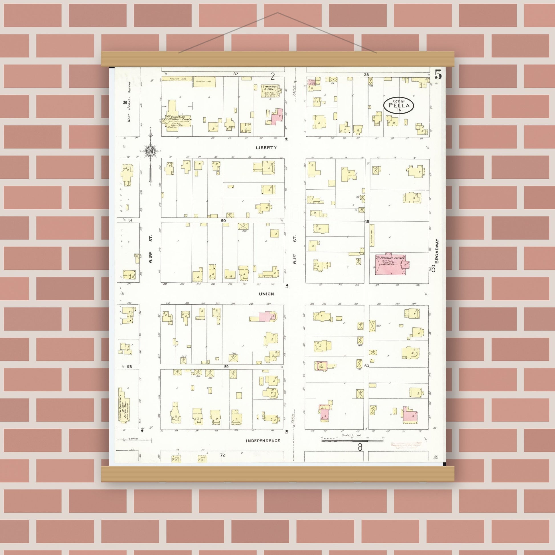 Old map wall art mockup — magnetic wood frame on brick wall — Sanborn Fire Insurance Map from Pella, Marion County, Iowa (1911), Sheet #0005