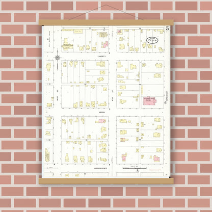 Old map wall art mockup — magnetic wood frame on brick wall — Sanborn Fire Insurance Map from Pella, Marion County, Iowa (1911), Sheet #0005