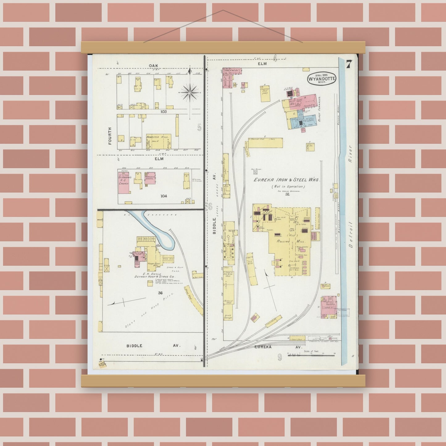 Old map wall art mockup — magnetic wood frame on brick wall — Sanborn Fire Insurance Map from Wyandotte, Wayne County, Michigan (1895), Sheet #0007