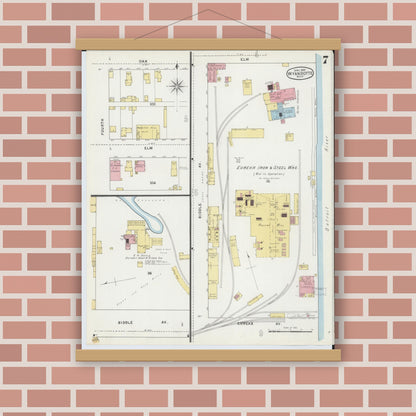 Old map wall art mockup — magnetic wood frame on brick wall — Sanborn Fire Insurance Map from Wyandotte, Wayne County, Michigan (1895), Sheet #0007