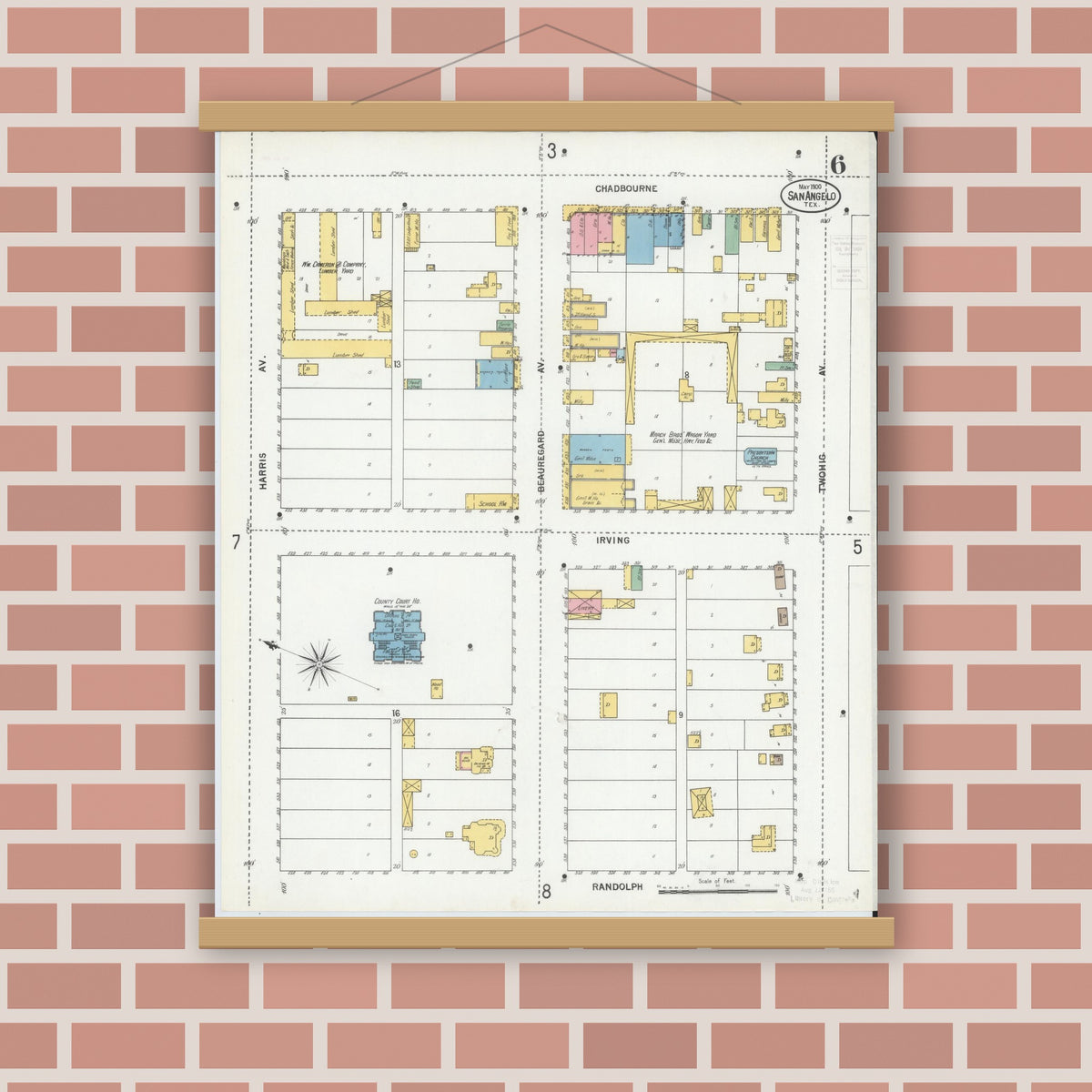 Old map wall art mockup — magnetic wood frame on brick wall — Sanborn Fire Insurance Map from San Angelo, Tom Green County, Texas (1900), Sheet #0006