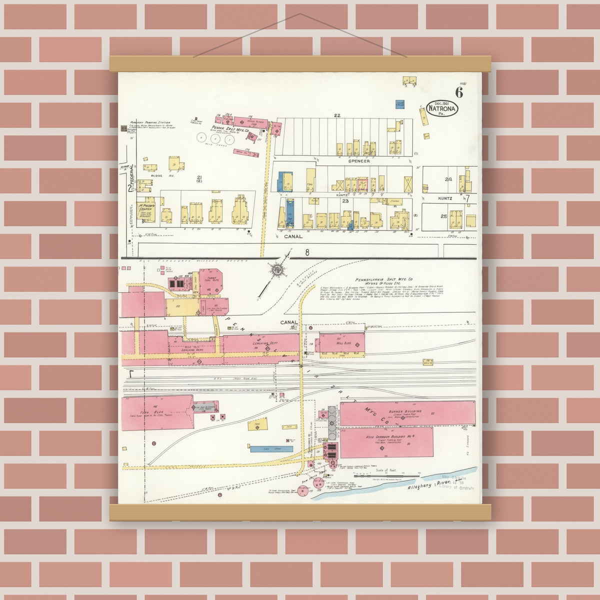 Old map wall art mockup — magnetic wood frame on brick wall — Sanborn Fire Insurance Map from Natrona, Allegheny County, Pennsylvania (1921), Sheet #0006