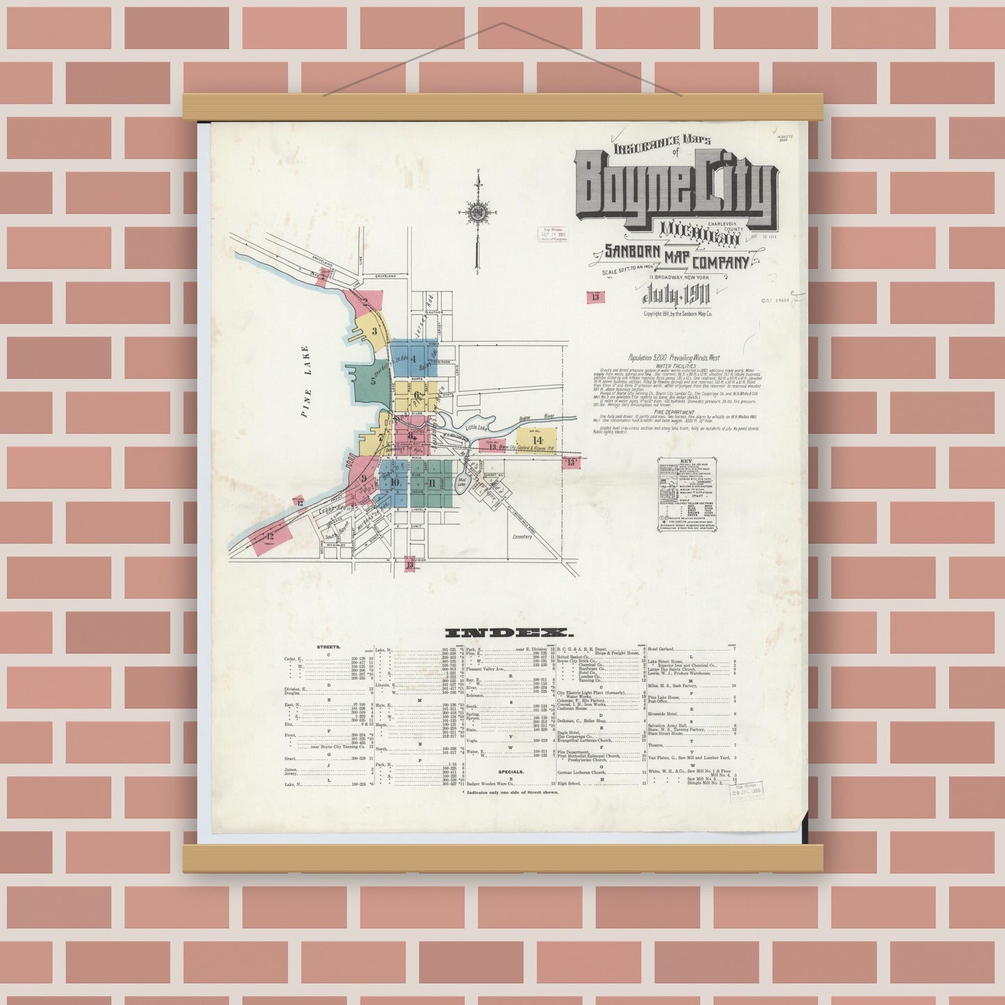 Old map wall art mockup — magnetic wood frame on brick wall — Sanborn Fire Insurance Map from Boyne City, Charlevoix County, Michigan (1911), Sheet #0001