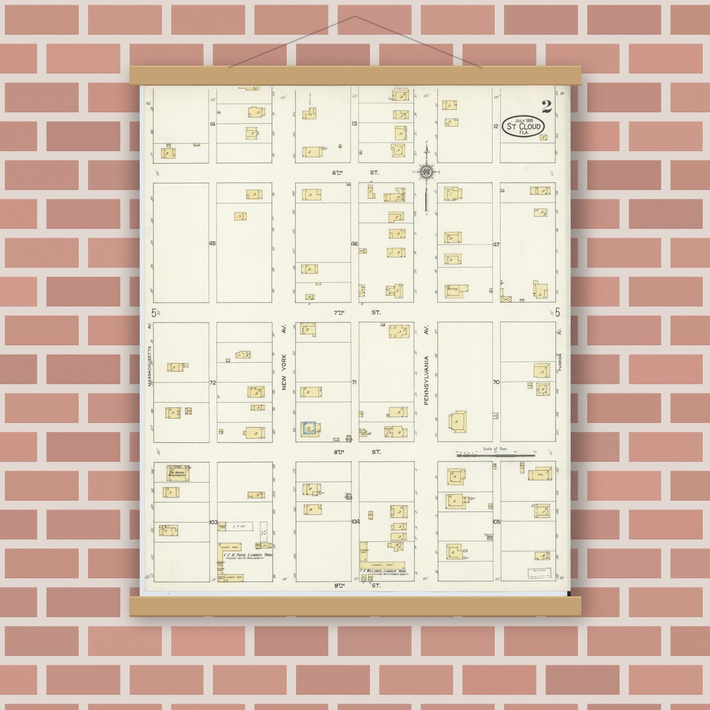 Old map wall art mockup — magnetic wood frame on brick wall — Sanborn Fire Insurance Map from Saint Cloud, Osceola County, Florida (1915), Sheet #0002
