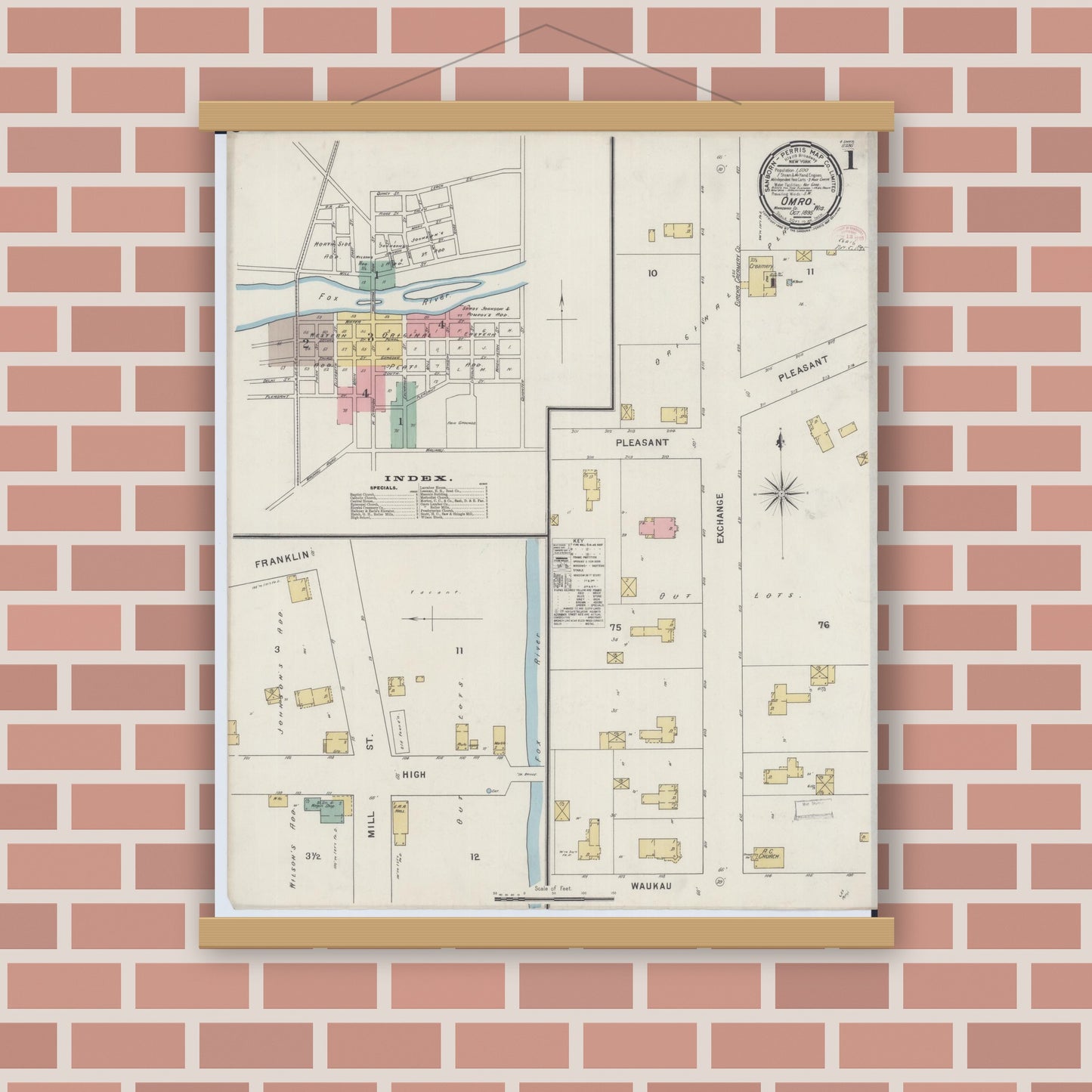 Old map wall art mockup — magnetic wood frame on brick wall — Sanborn Fire Insurance Map from Omro, Winnebago County, Wisconsin (1895), Sheet #0001