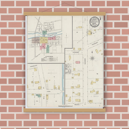 Old map wall art mockup — magnetic wood frame on brick wall — Sanborn Fire Insurance Map from Omro, Winnebago County, Wisconsin (1895), Sheet #0001