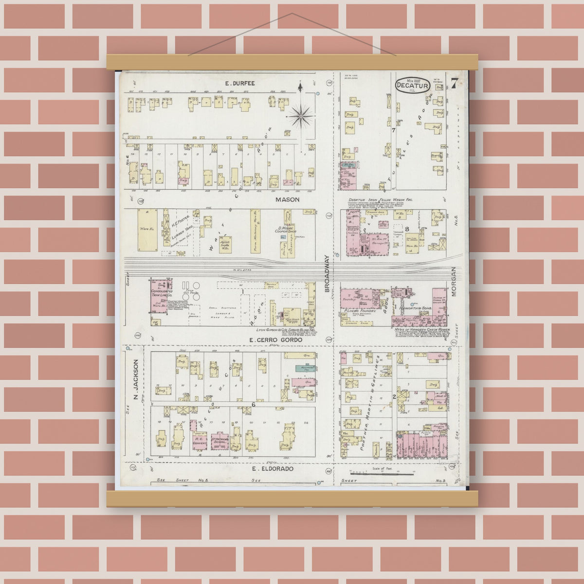 Old map wall art mockup — magnetic wood frame on brick wall — Sanborn Fire Insurance Map from Decatur, Macon County, Illinois (1887), Sheet #0007