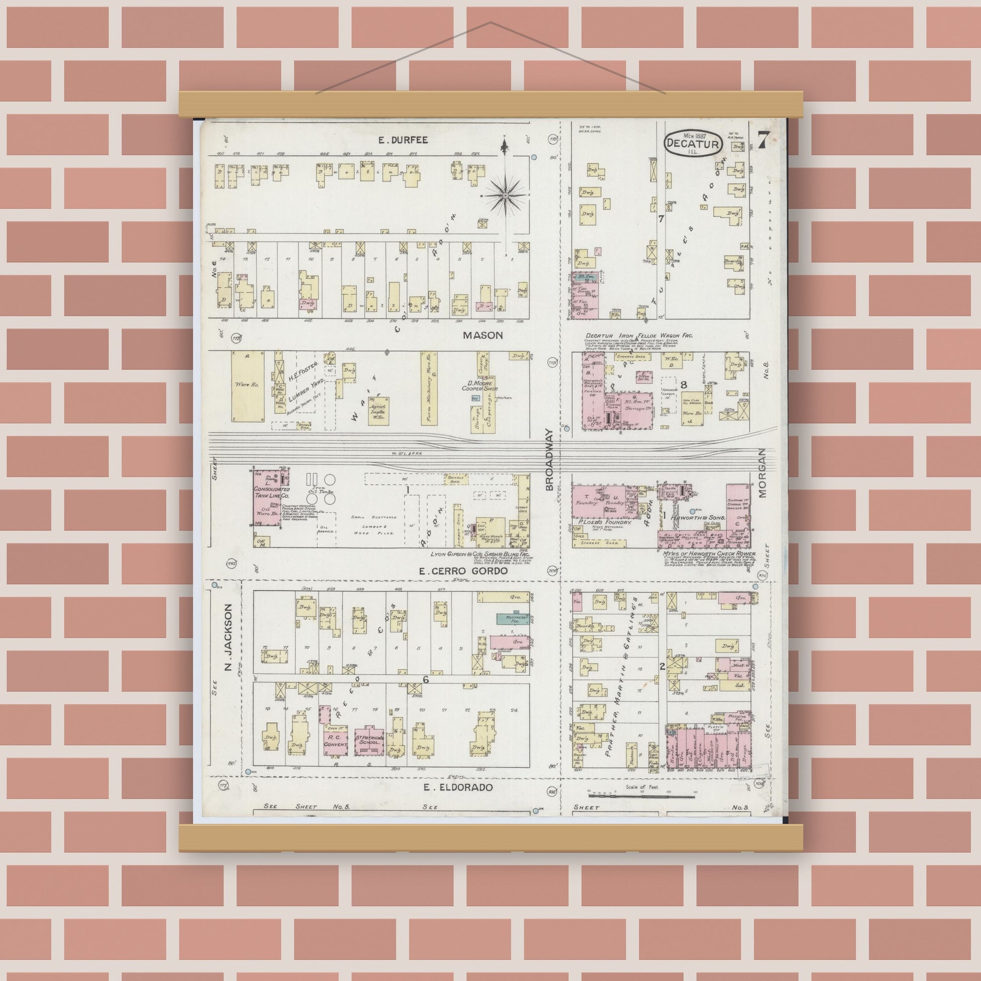 Old map wall art mockup — magnetic wood frame on brick wall — Sanborn Fire Insurance Map from Decatur, Macon County, Illinois (1887), Sheet #0007