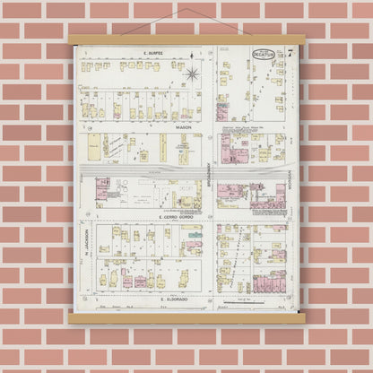 Old map wall art mockup — magnetic wood frame on brick wall — Sanborn Fire Insurance Map from Decatur, Macon County, Illinois (1887), Sheet #0007