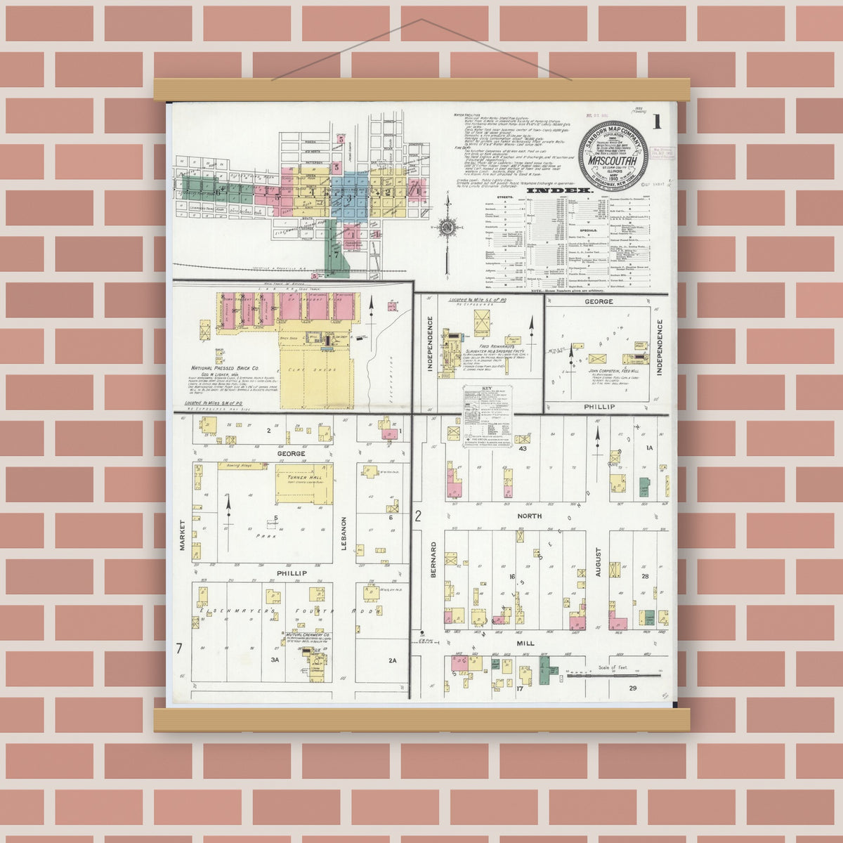 Old map wall art mockup — magnetic wood frame on brick wall — Sanborn Fire Insurance Map from Mascoutah, Saint Clair County, Illinois (1910) - Complete Map Set