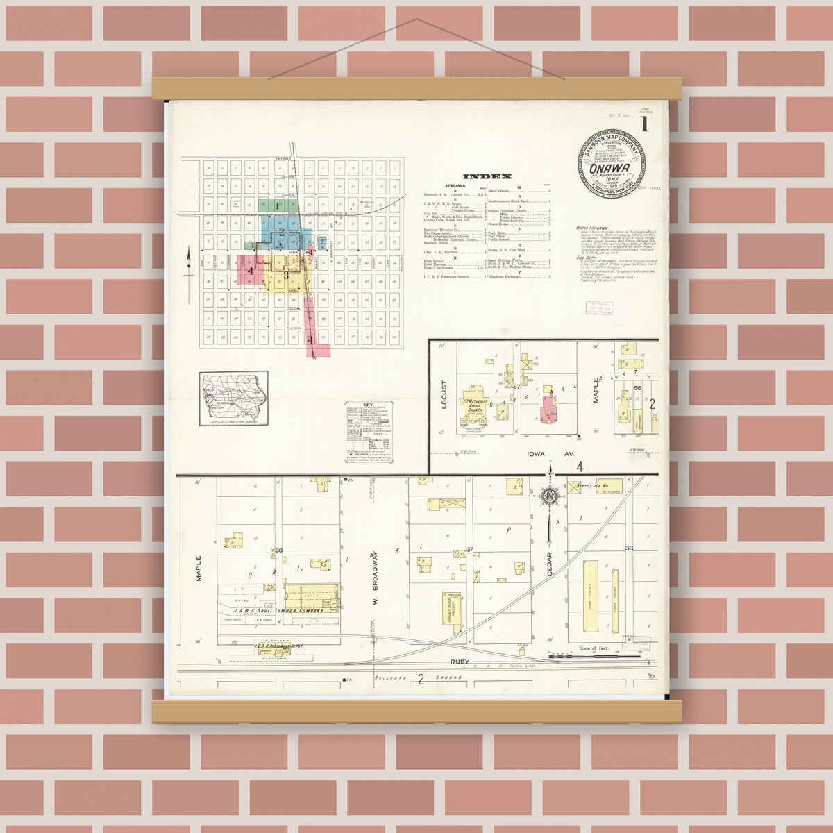 Old map wall art mockup — magnetic wood frame on brick wall — Sanborn Fire Insurance Map from Onawa, Monona County, Iowa (1913) â€” Complete Set
