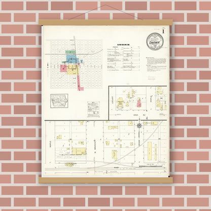 Old map wall art mockup — magnetic wood frame on brick wall — Sanborn Fire Insurance Map from Onawa, Monona County, Iowa (1913) â€” Complete Set