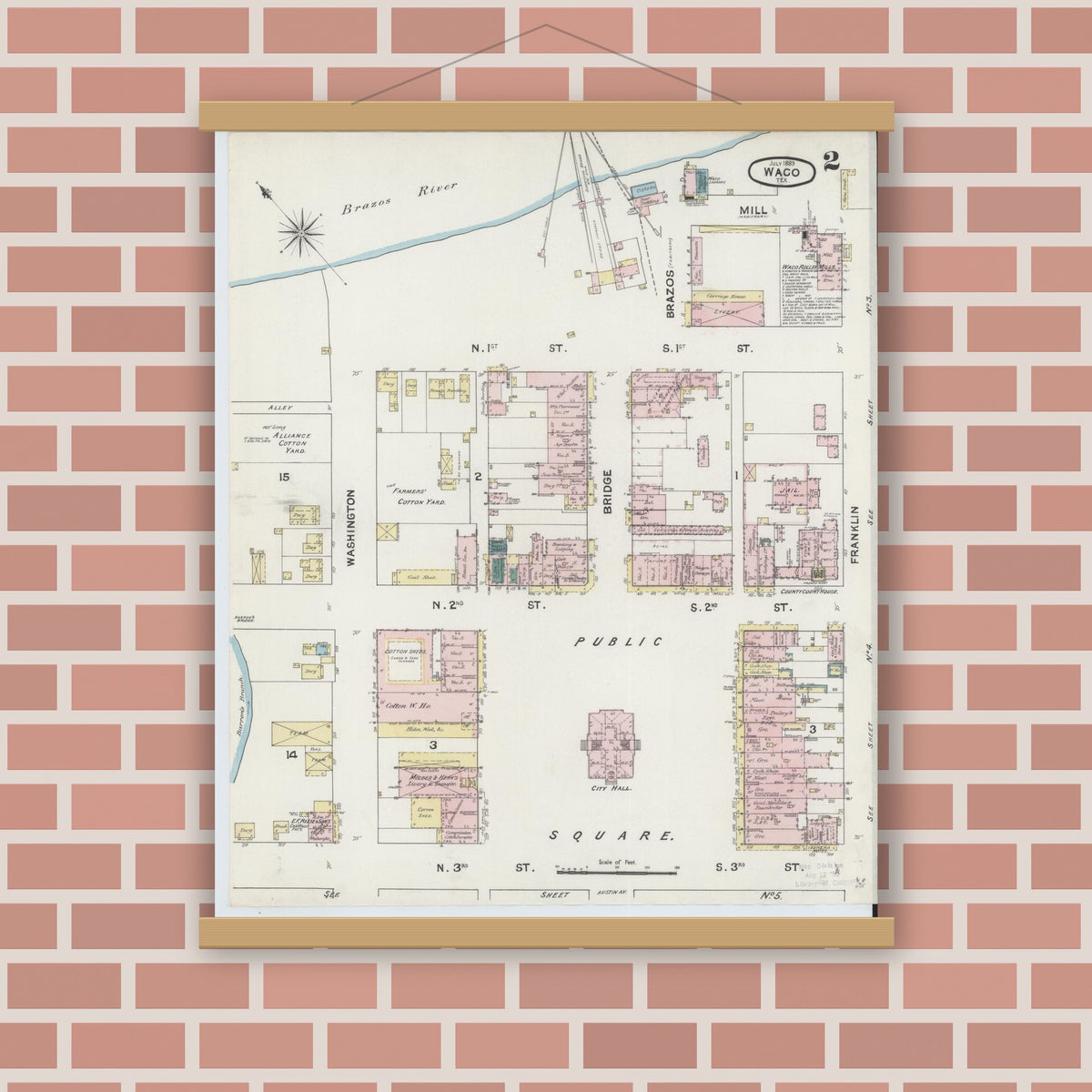 Old map wall art mockup — magnetic wood frame on brick wall — Sanborn Fire Insurance Map from Waco, McLennan County, Texas (1889), Sheet #0002