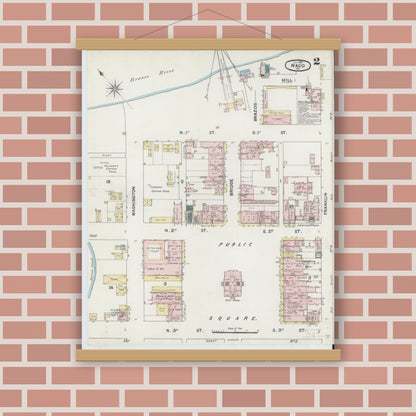 Old map wall art mockup — magnetic wood frame on brick wall — Sanborn Fire Insurance Map from Waco, McLennan County, Texas (1889), Sheet #0002