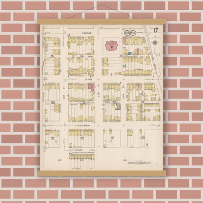 Old map wall art mockup — magnetic wood frame on brick wall — Sanborn Fire Insurance Map from Shamokin, Northumberland County, Pennsylvania (1922), Sheet #0017