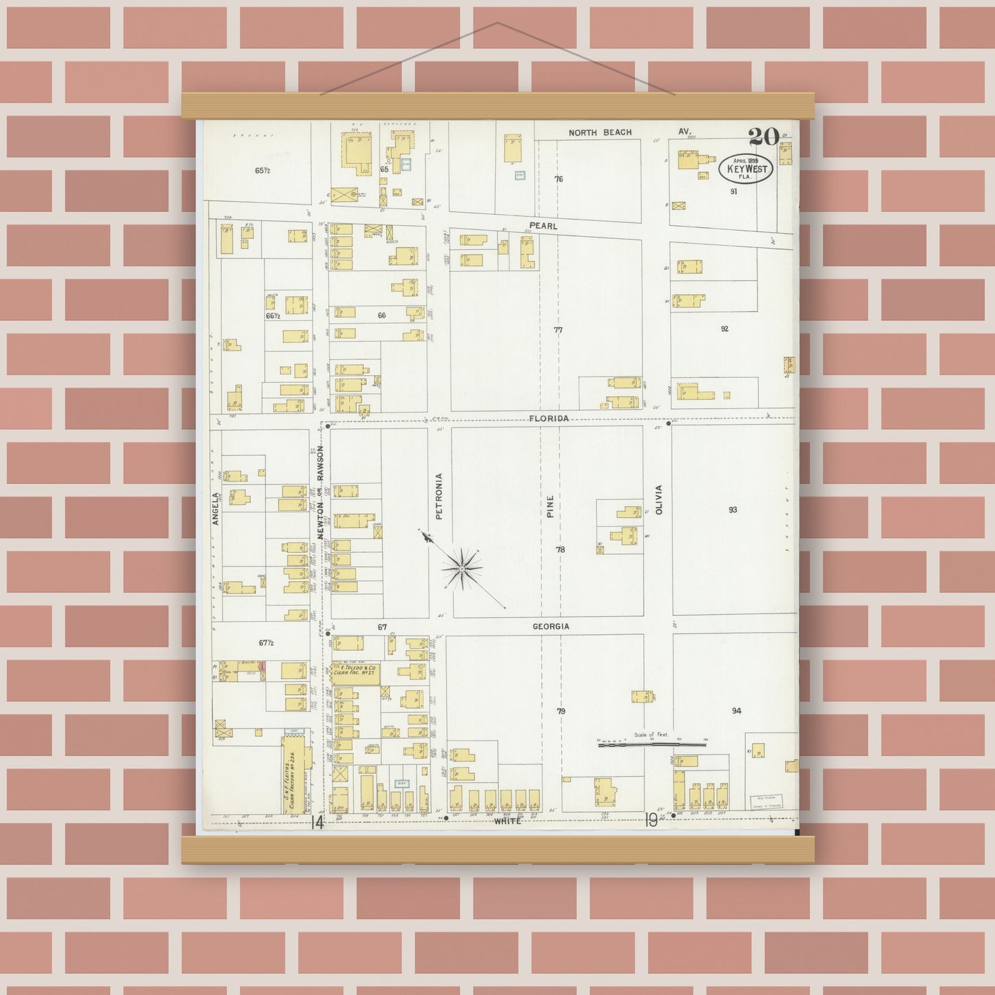 Old map wall art mockup — magnetic wood frame on brick wall — Sanborn Fire Insurance Map from Key West, Monroe County, Florida (1899), Sheet #0020