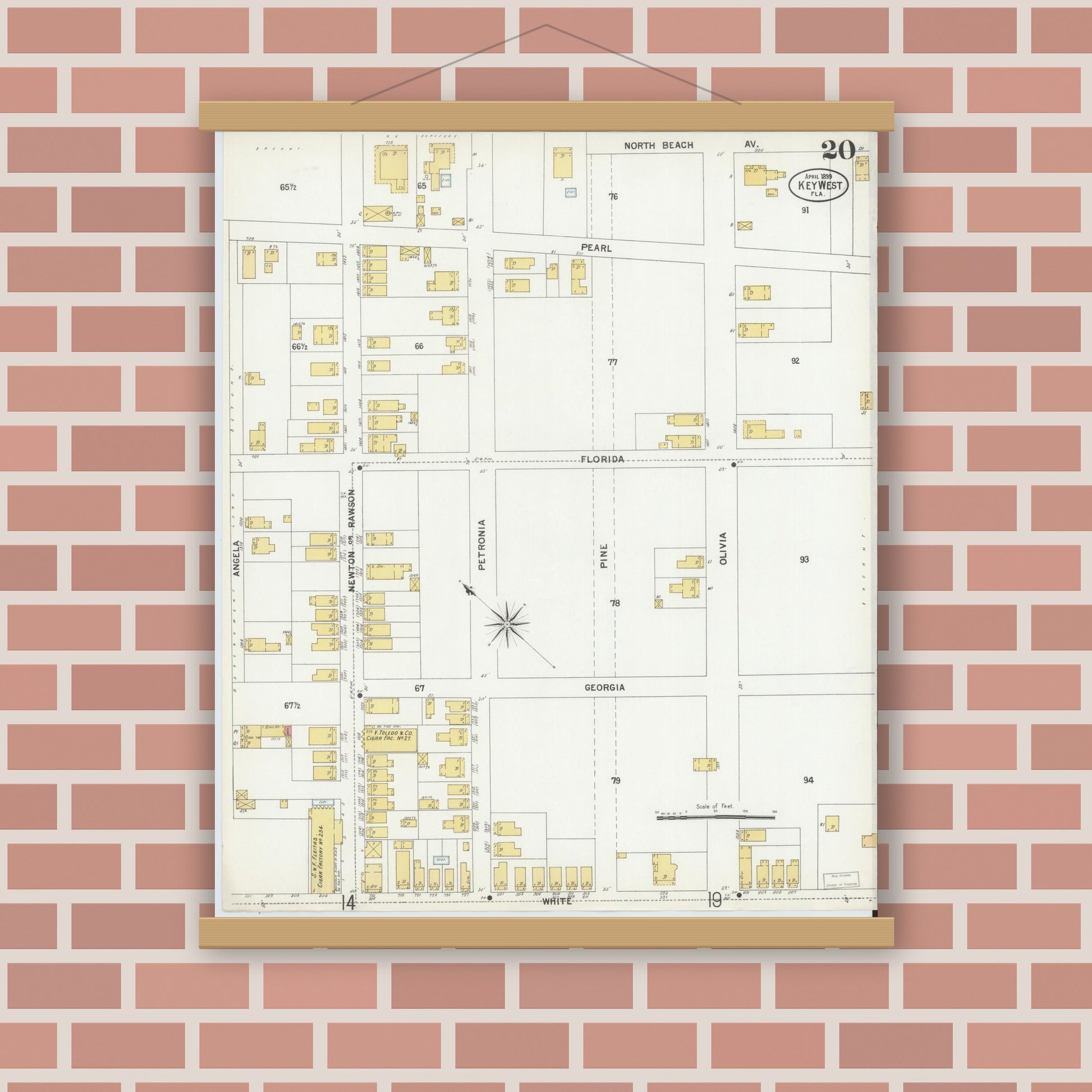 Old map wall art mockup — magnetic wood frame on brick wall — Sanborn Fire Insurance Map from Key West, Monroe County, Florida (1899), Sheet #0020