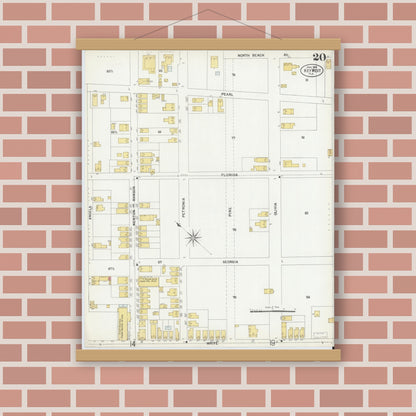 Old map wall art mockup — magnetic wood frame on brick wall — Sanborn Fire Insurance Map from Key West, Monroe County, Florida (1899), Sheet #0020