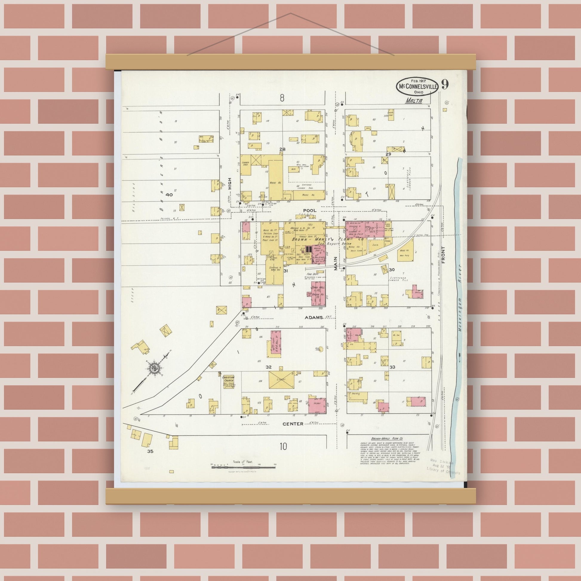 Old map wall art mockup — magnetic wood frame on brick wall — Sanborn Fire Insurance Map from McConnelsville, Morgan County, Ohio (1917), Sheet #0009