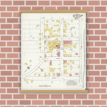 Old map wall art mockup — magnetic wood frame on brick wall — Sanborn Fire Insurance Map from McConnelsville, Morgan County, Ohio (1917), Sheet #0009