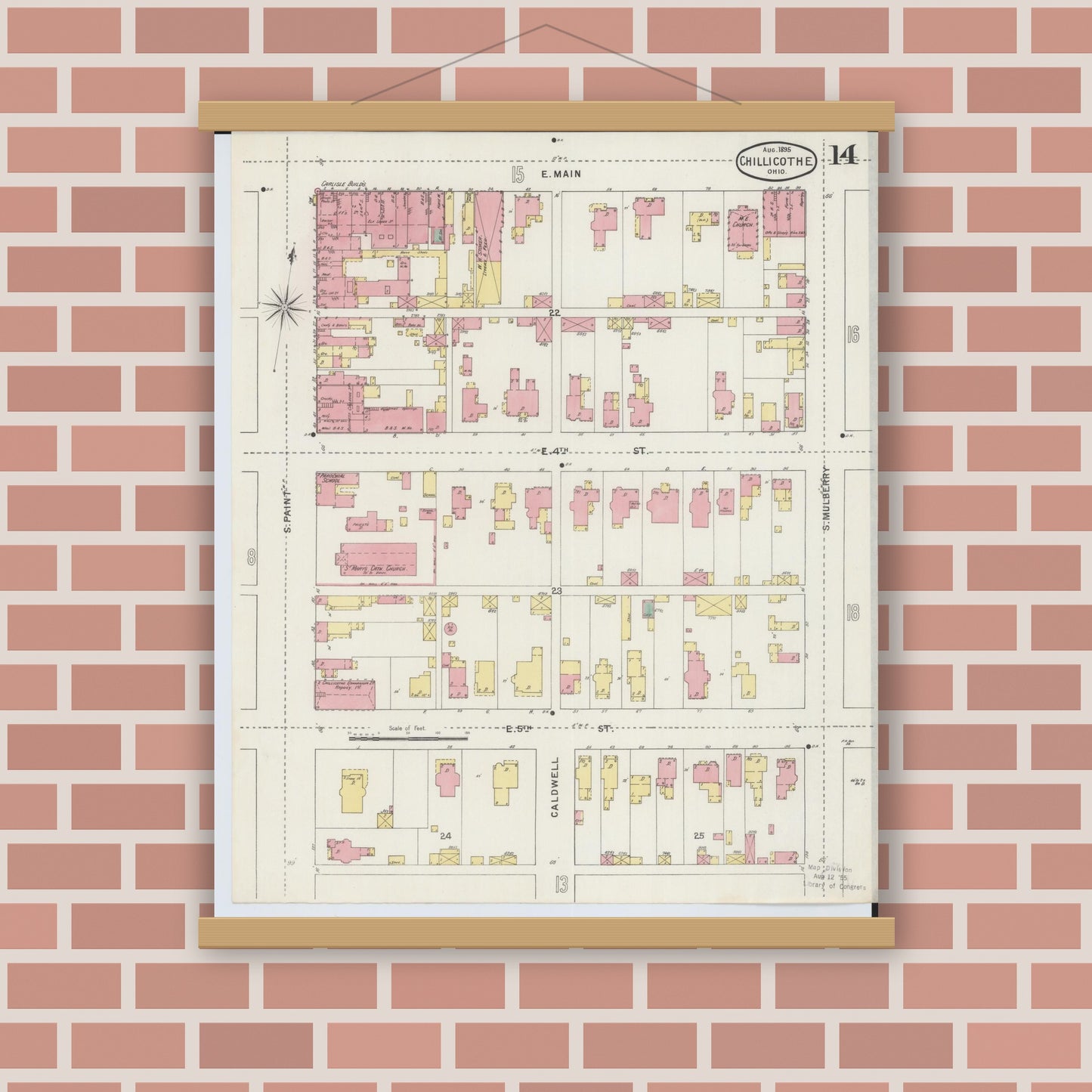 Old map wall art mockup — magnetic wood frame on brick wall — Sanborn Fire Insurance Map from Chillicothe, Ross County, Ohio (1895), Sheet #0014