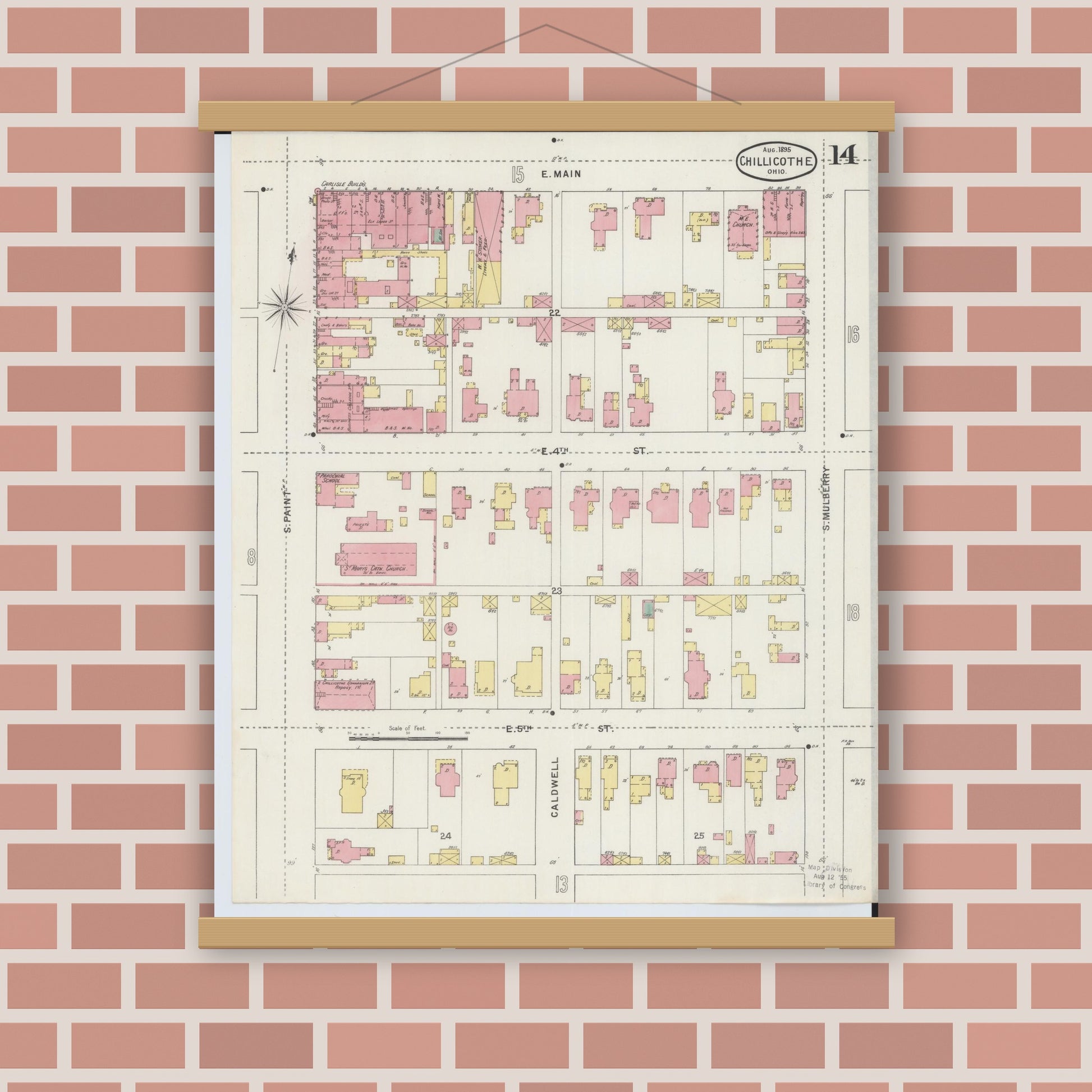 Old map wall art mockup — magnetic wood frame on brick wall — Sanborn Fire Insurance Map from Chillicothe, Ross County, Ohio (1895), Sheet #0014