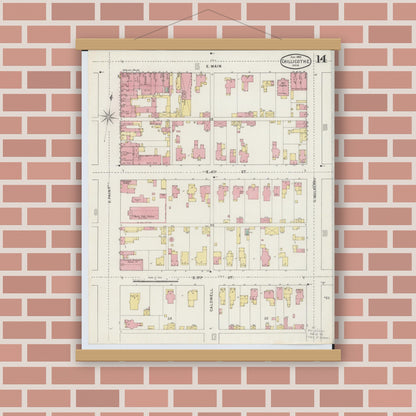 Old map wall art mockup — magnetic wood frame on brick wall — Sanborn Fire Insurance Map from Chillicothe, Ross County, Ohio (1895), Sheet #0014
