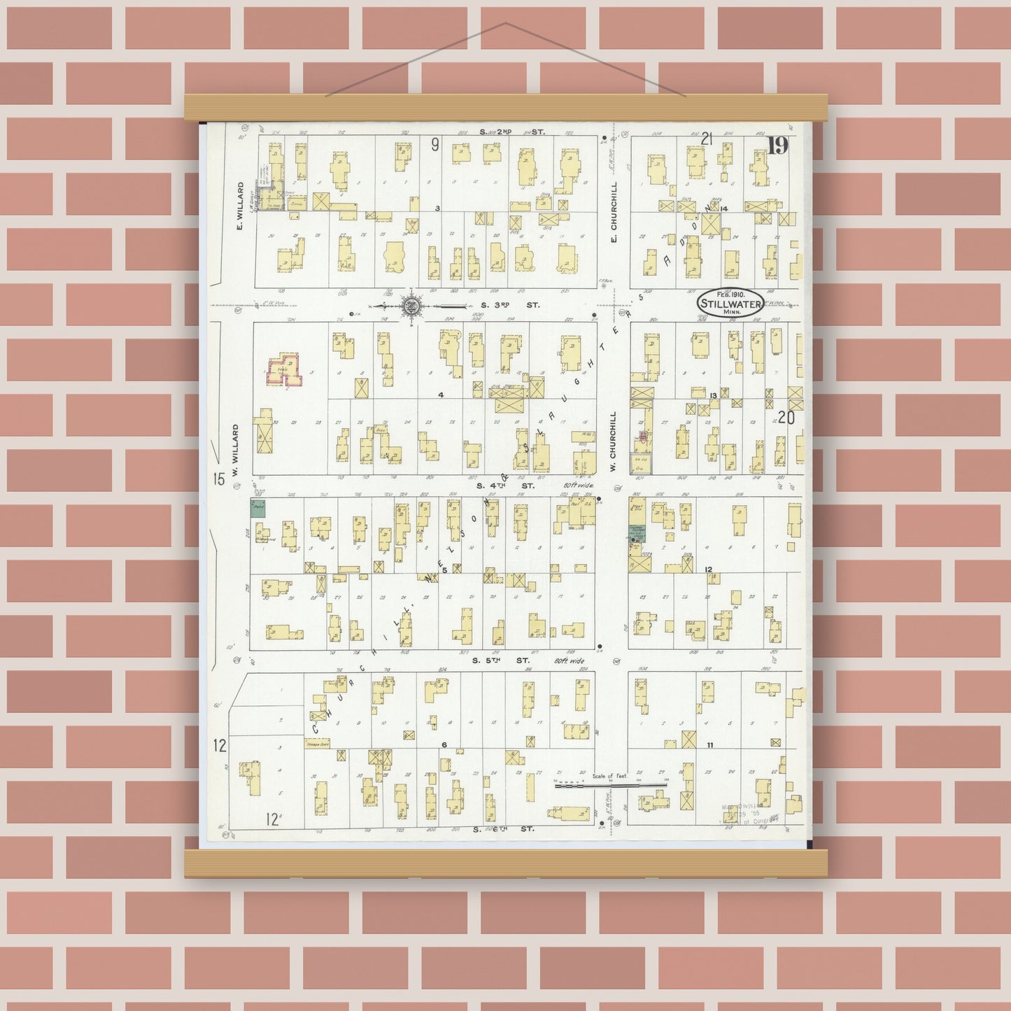 Old map wall art mockup — magnetic wood frame on brick wall — Sanborn Fire Insurance Map from Stillwater, Washington County, Minnesota (1910), Sheet #0019