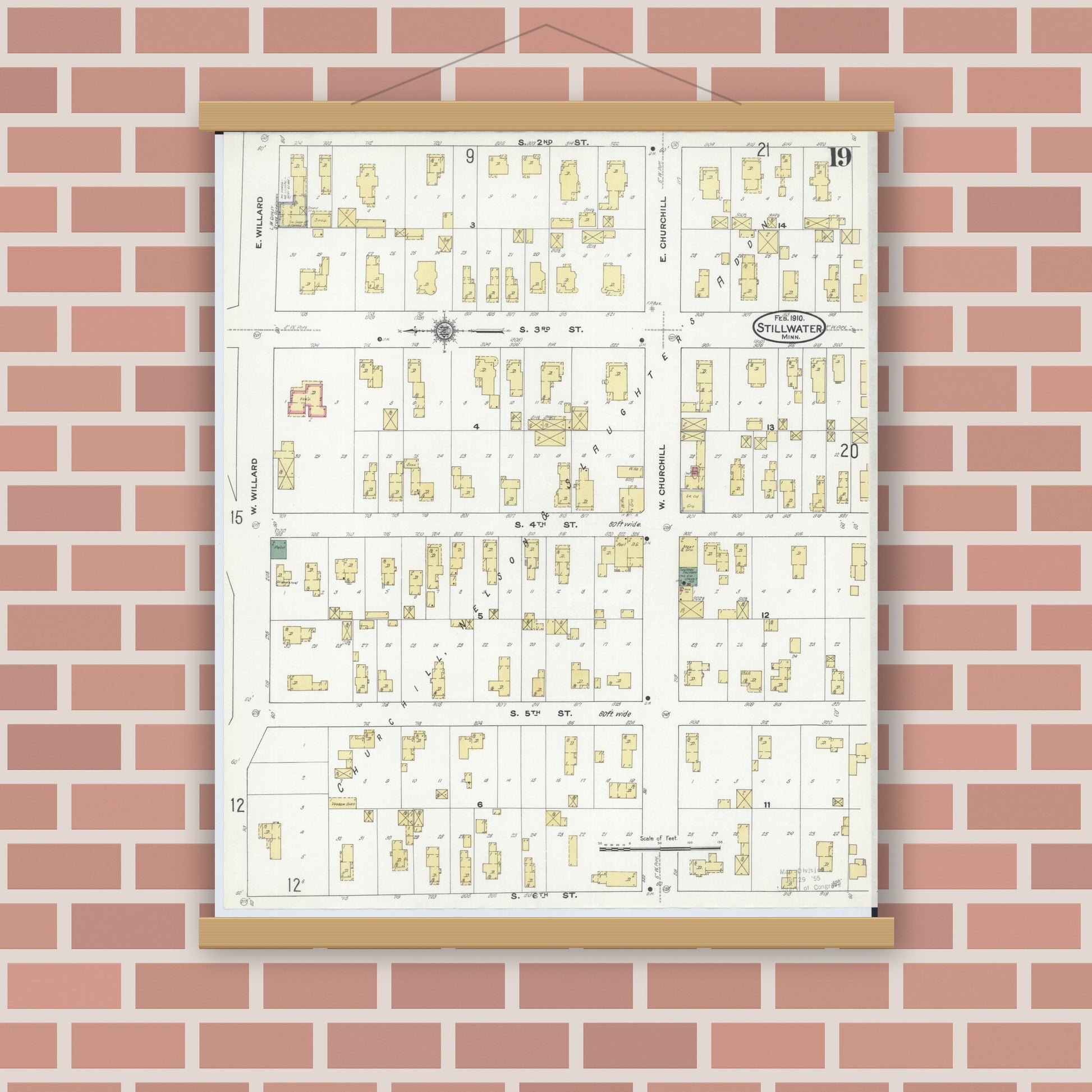 Old map wall art mockup — magnetic wood frame on brick wall — Sanborn Fire Insurance Map from Stillwater, Washington County, Minnesota (1910), Sheet #0019
