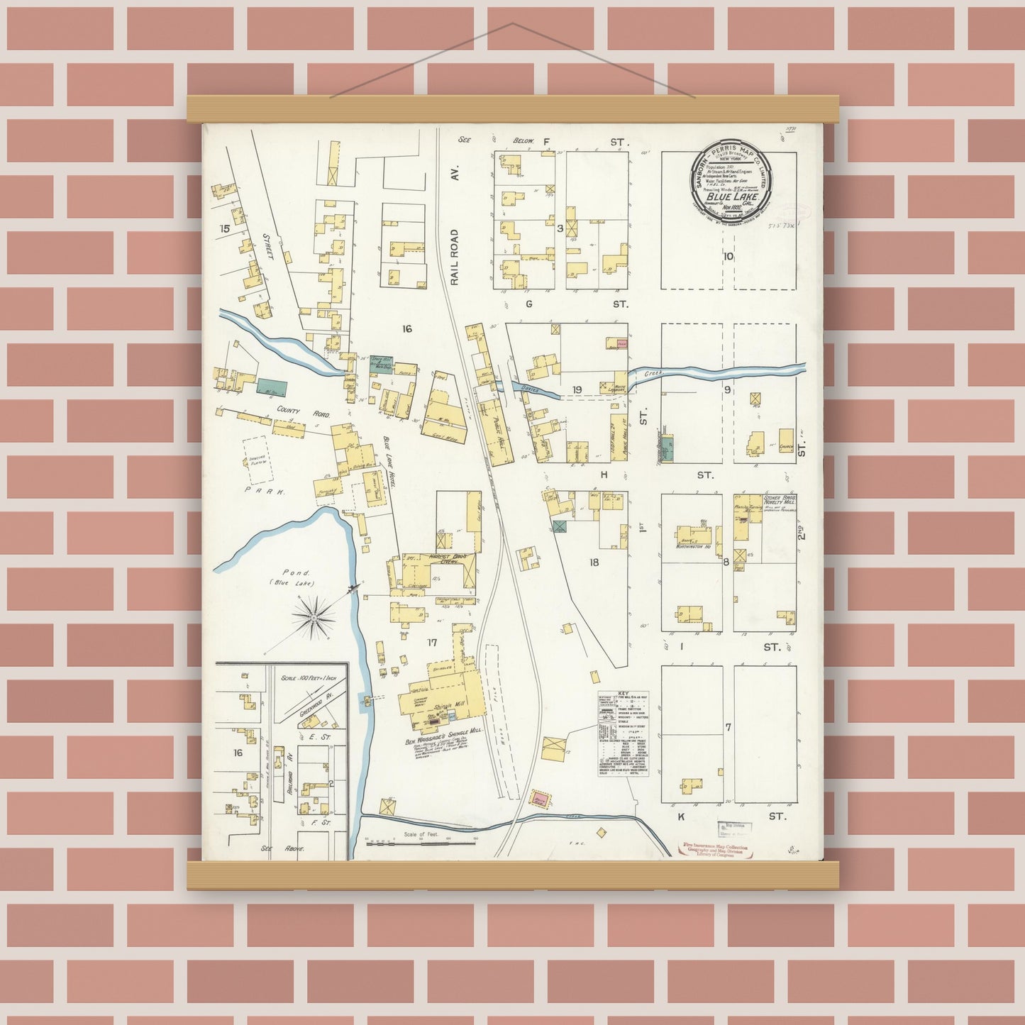 Old map wall art mockup — magnetic wood frame on brick wall — Sanborn Fire Insurance Map from Blue Lake, Humboldt County, California (1892), Sheet #0001