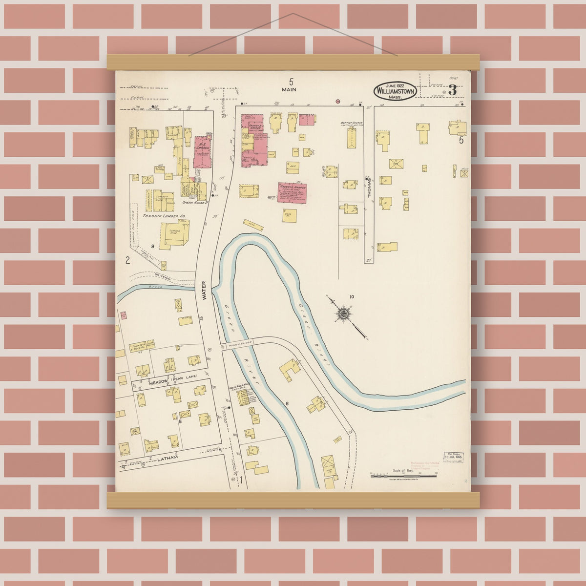 Old map wall art mockup — magnetic wood frame on brick wall — Sanborn Fire Insurance Map from Williamstown, Berkshire County, Massachusetts (1922), Sheet #0003