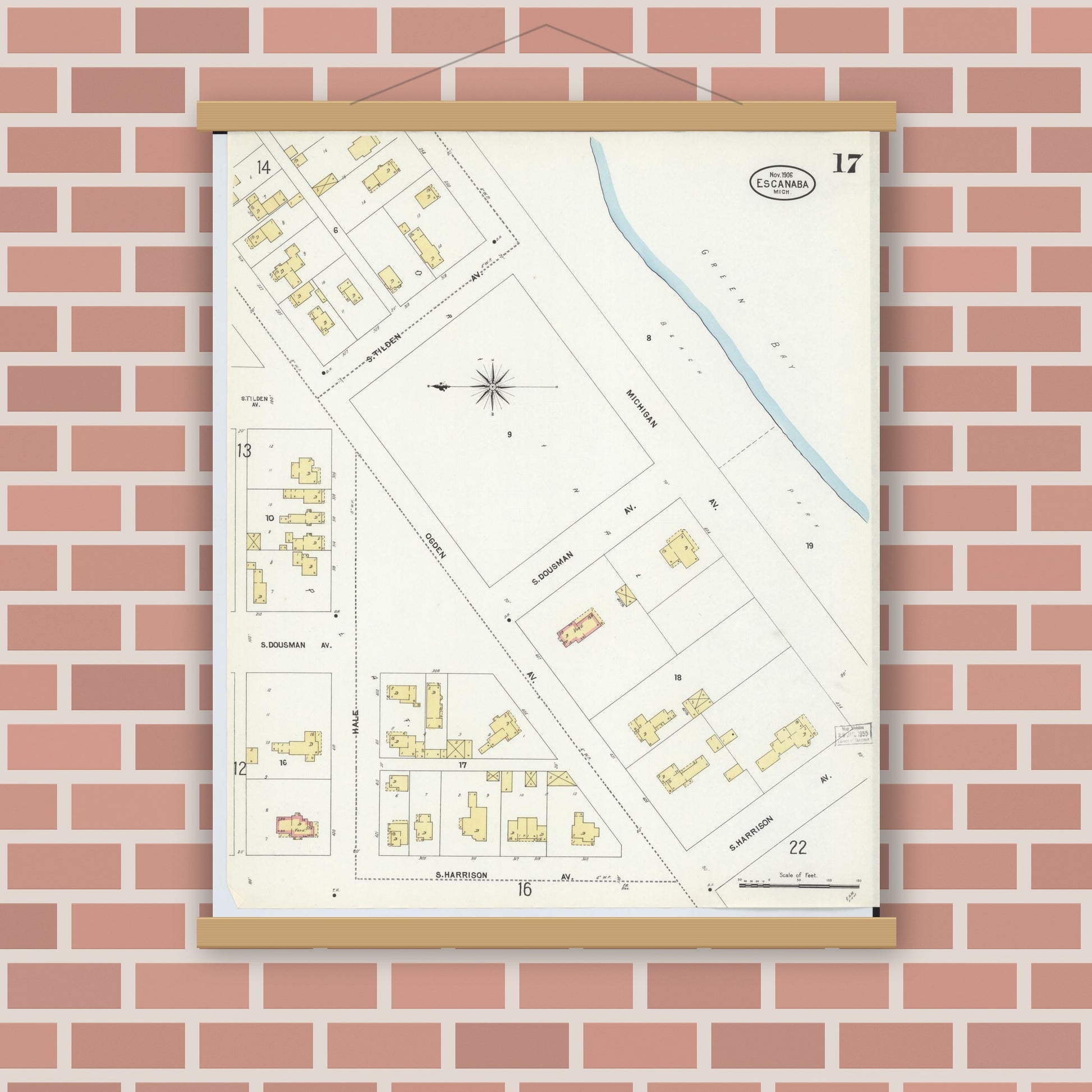 Old map wall art mockup — magnetic wood frame on brick wall — Sanborn Fire Insurance Map from Escanaba, Delta County, Michigan (1906), Sheet #0017