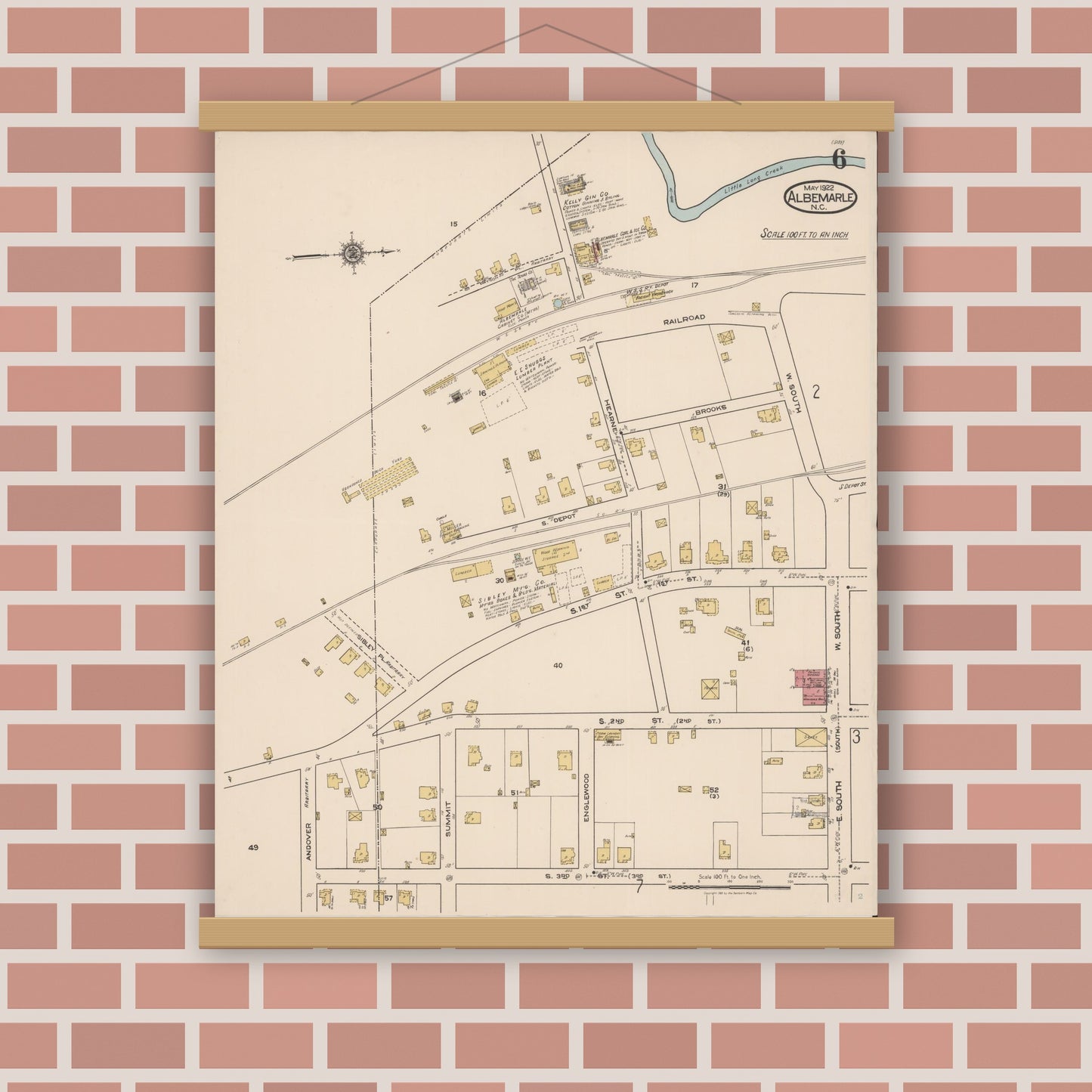 Old map wall art mockup — magnetic wood frame on brick wall — Sanborn Fire Insurance Map from Albemarle, Stanley County, North Carolina (1922), Sheet #0006