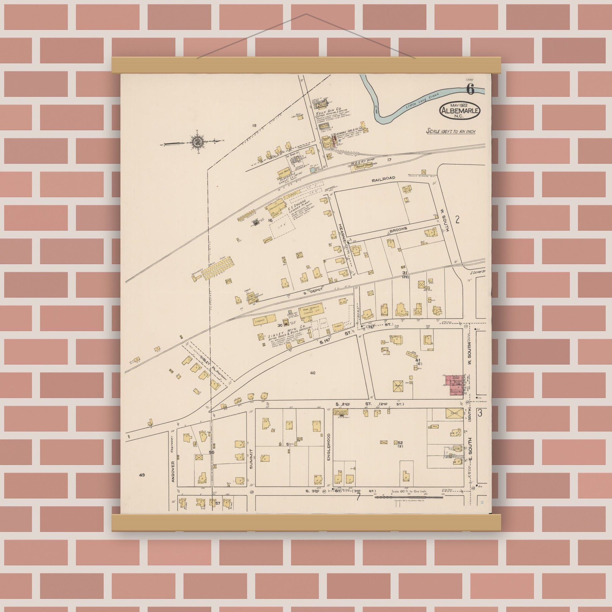 Old map wall art mockup — magnetic wood frame on brick wall — Sanborn Fire Insurance Map from Albemarle, Stanley County, North Carolina (1922), Sheet #0006