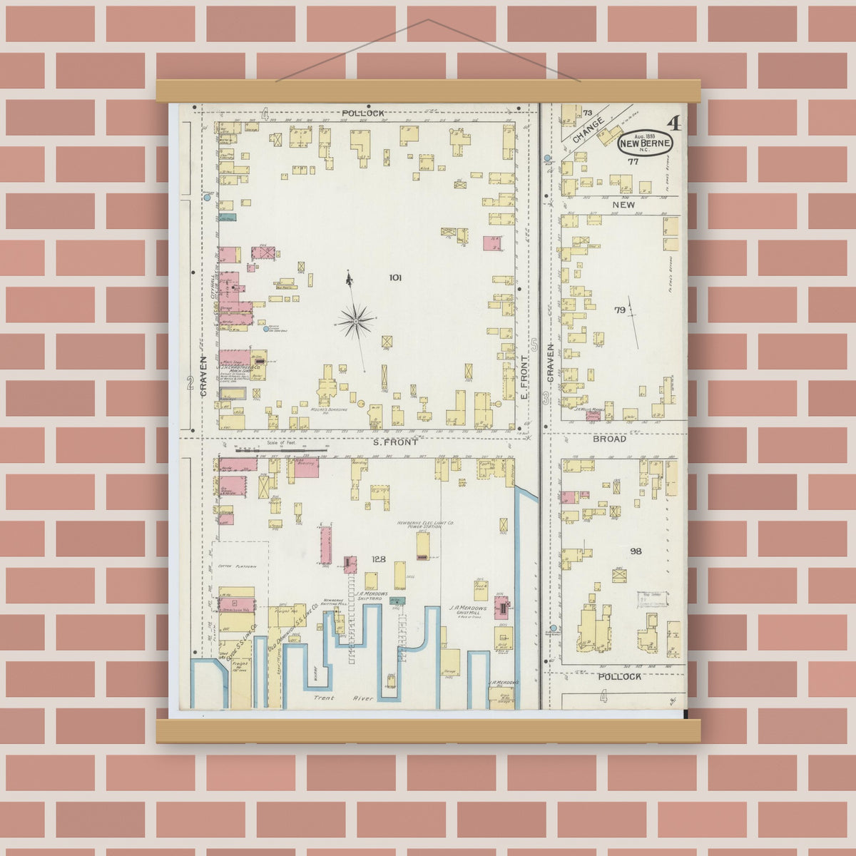 Old map wall art mockup — magnetic wood frame on brick wall — Sanborn Fire Insurance Map from New Bern, Craven County, North Carolina (1893), Sheet #0004